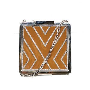 Auth Valentino Garavani Tan Enamel Rhinestone Geometric Clutch Minaudière Chain